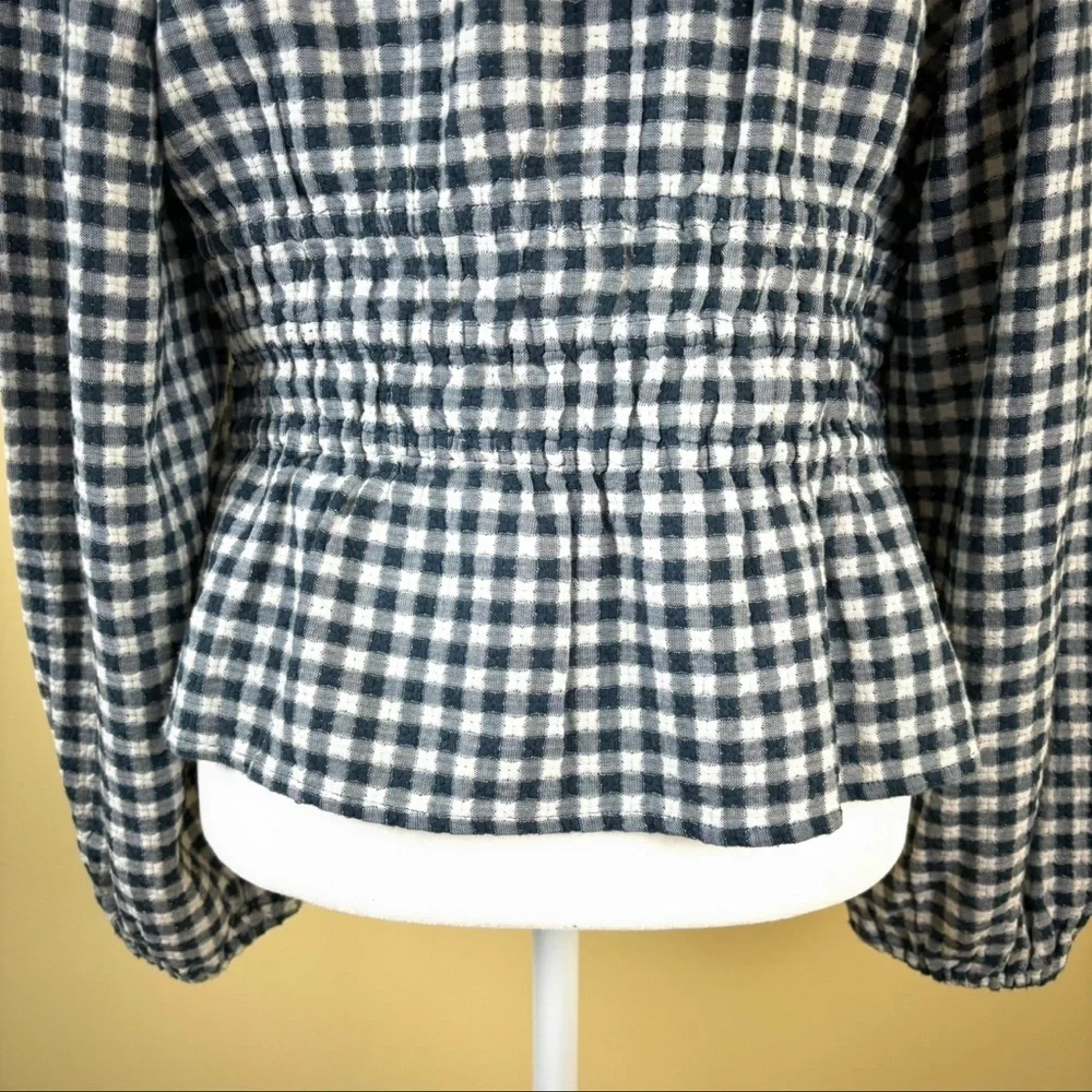 Madewell Black and White Gingham Smocked Peplum Blouse